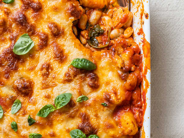 Gnocchi Lasagna with Spinach, White Beans, and Sausage