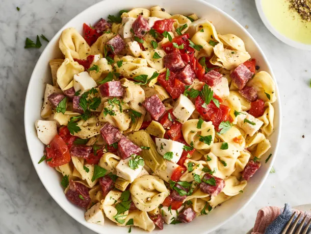 Cheese Tortellini with Salami, Mozzarella, and Marinated Veggies
