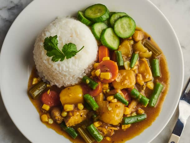 Japanese Chicken and Vegetable Curry with Rice and Quick Cucumber Pickles