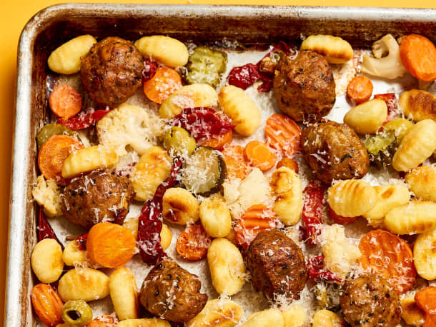 Sheet Pan Gnocchi, Meatballs, and Giardiniera