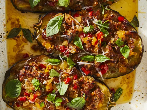 Sausage-and-Peppers Stuffed Eggplant