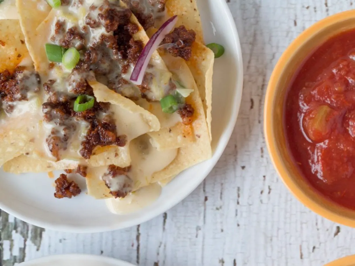 Chorizo Nachos with White Queso Sauce