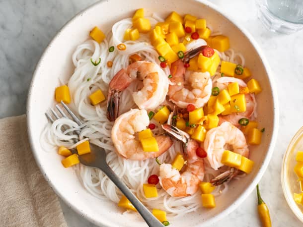 Cold Coconut Rice Noodles with Poached Shrimp, Mango, and Thai Chile