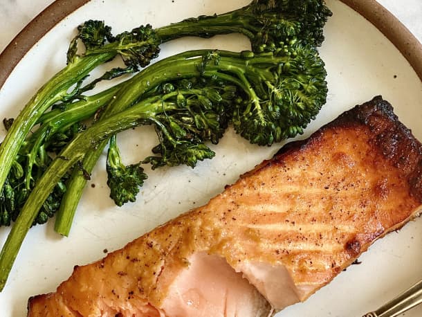 Air Fryer Miso-Ginger Salmon with Crispy Broccolini