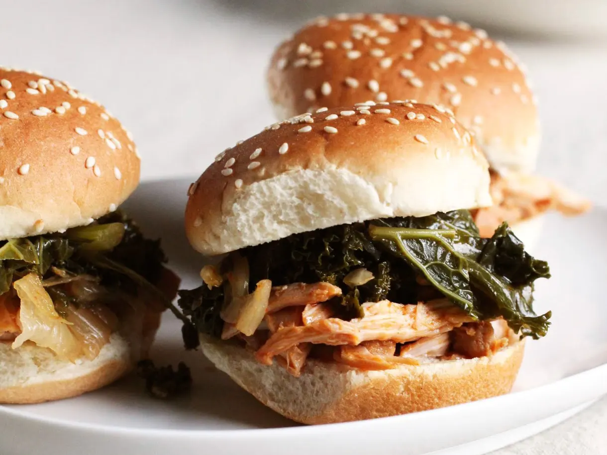 Korean Chicken Sliders with Braised Kale & Kimchi