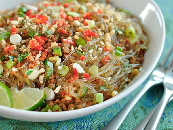 Spicy Glass Noodles with Crispy Pork (Yum Woon Sen)