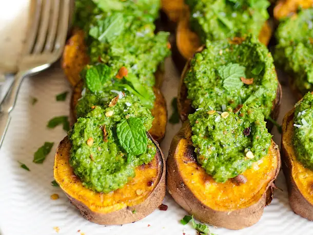 Roasted Sweet Potato Slices with Cilantro Pesto