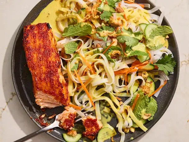 Rice Noodle Salad with Salmon and Coconut Turmeric Dressing
