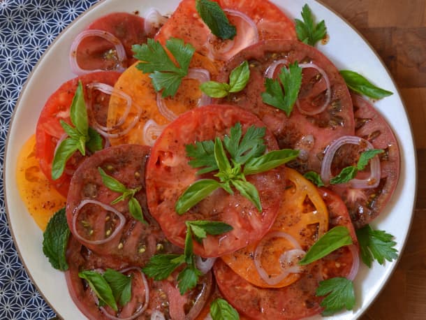 Heirloom Tomato Salad with Pomegranate-Sumac Dressing