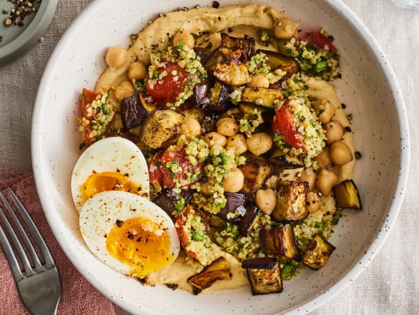 Mediterranean Hummus Bowl with Chickpeas and Soft-Boiled Egg