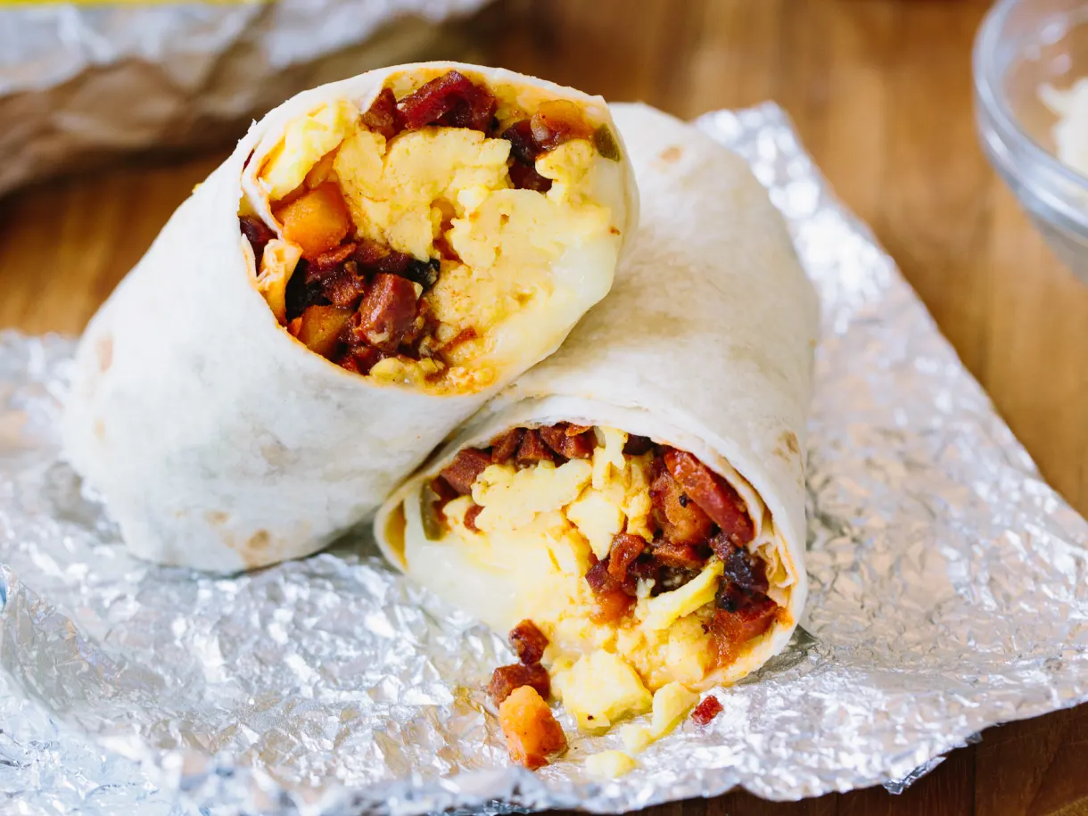 Freezer-Friendly Potato, Chorizo, and Cheesy Egg Burritos