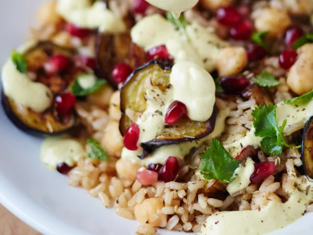 Roasted Eggplant and Brown Rice Bowl with Turmeric Tahini