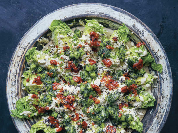 Baby Gem Lettuce with Charred Eggplant Yogurt, Smacked Cucumber, and Shatta