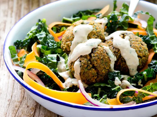 Baked Red Lentil Falafel Salad