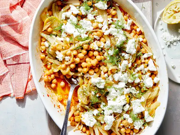 Harissa Olive Oil-Braised Chickpeas and Fennel