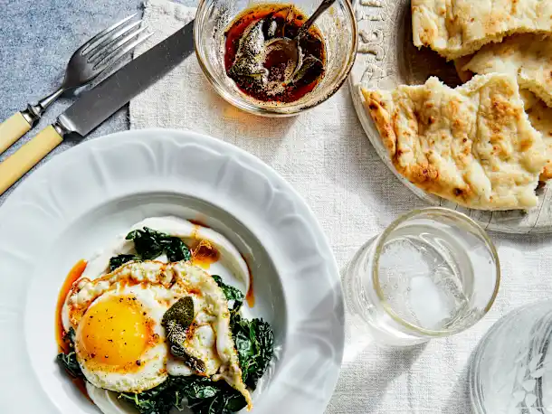 Crispy Fried Eggs with Yogurt, Greens, and Smoked Herb Butter