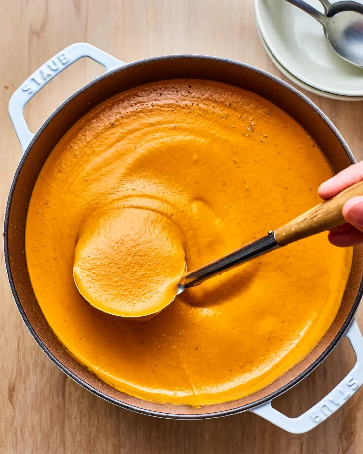 Creamy Roasted Red Pepper Soup with Tahini and Feta
