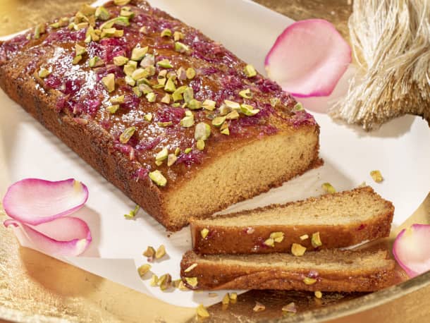 Almond Tahini Cake with Rose Syrup and Pistachio