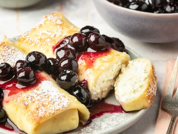 Cheese Blintzes with Blueberry Compote