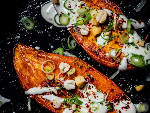 Nik Sharma’s Baked Sweet Potatoes with Maple Crème Fraîche
