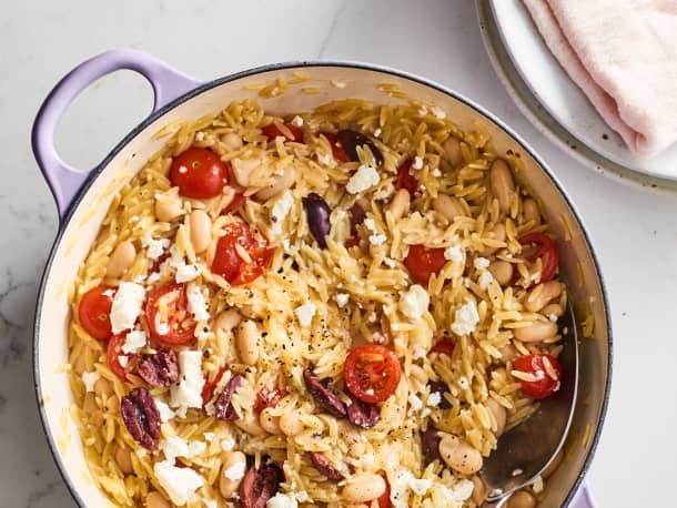 One-Pot Greek Orzo with Tomatoes, White Beans, and Feta