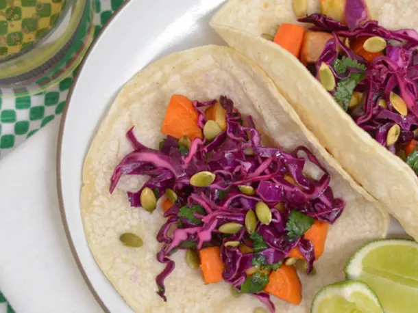 Tacos with Roasted Winter Vegetables & Red Cabbage Slaw