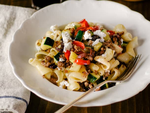 Greek Pasta with Lamb, Zucchini, and Feta