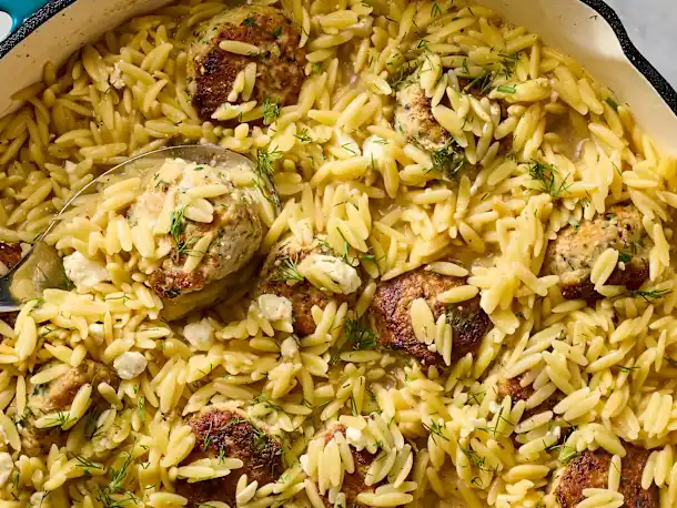 One-Pan Greek Chicken Meatballs and Lemon Orzo