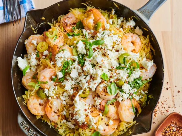Mediterranean Spaghetti Squash with Shrimp, Olives, and Feta