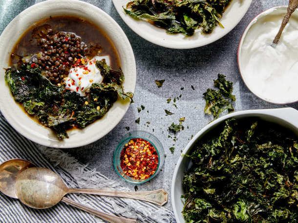 Lemony Black Lentil Soup with Crispy Kale and Yogurt