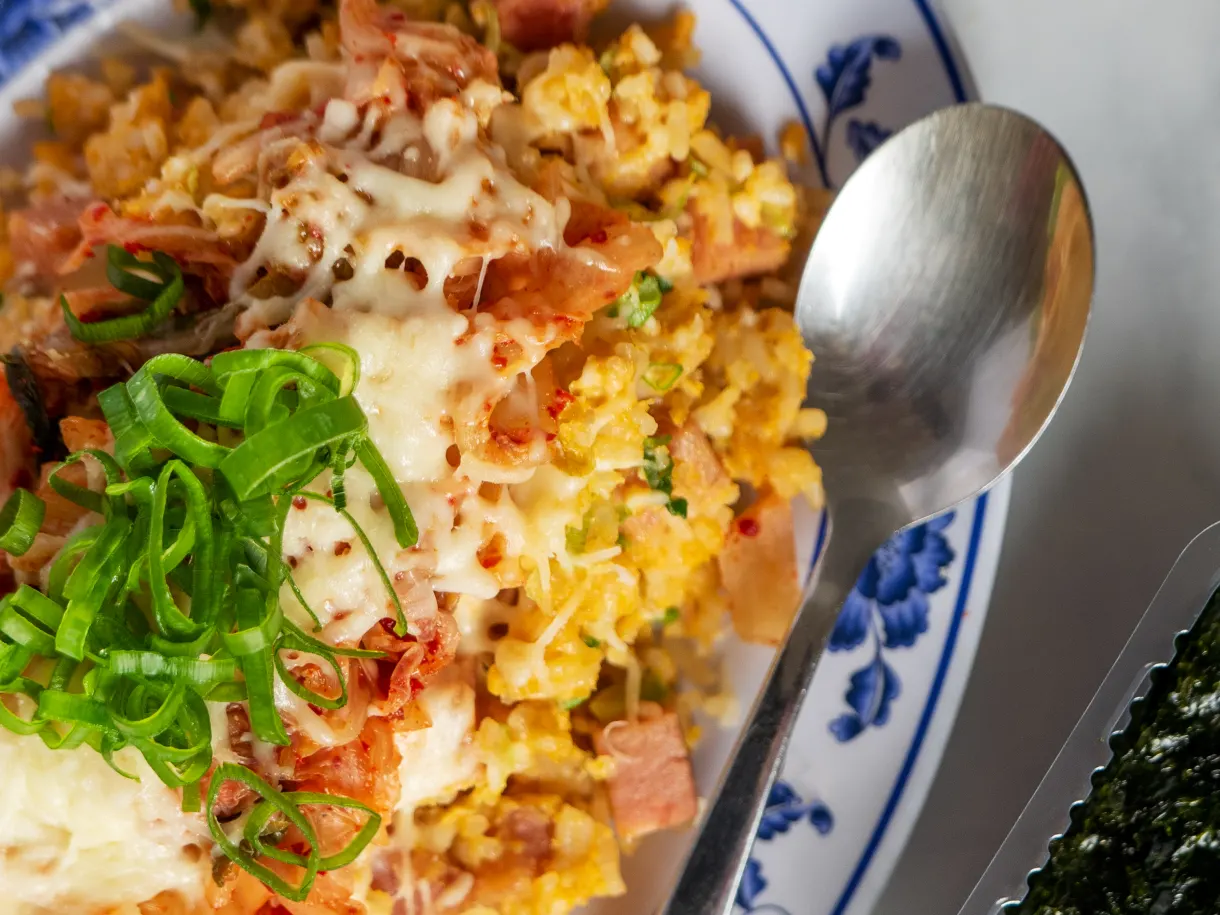 Microwave Cheesy Egg Rice with Spam and Kimchi