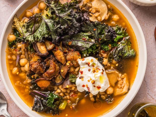 Toasted Grain Soup with Crispy Mushrooms and Kale