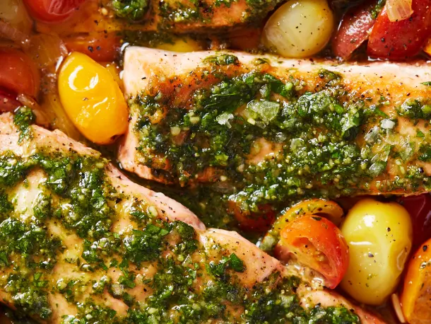 Pesto Salmon with Burst Tomatoes