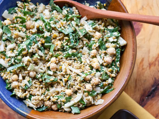 Mediterranean Freekeh Salad with Collard Greens and Chickpeas