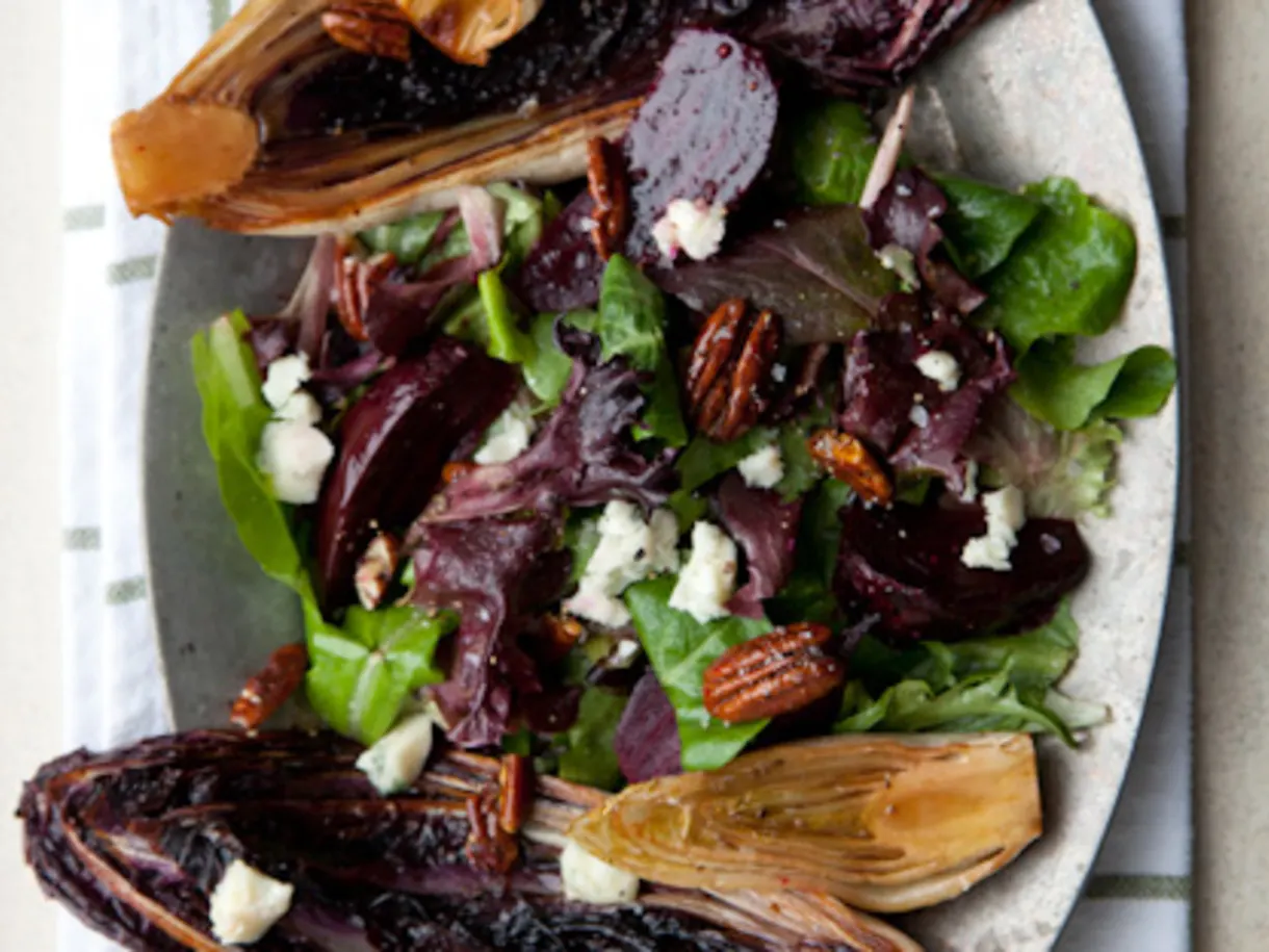 Seared Bitter Greens Salad with Roasted Beets, Spiced Pecans & Roquefort