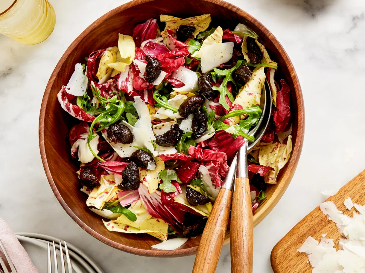 Colorful Mixed Greens Salad with Prunes and Pecorino