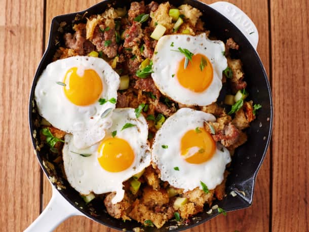 Bread, Sausage, and Apple Hash