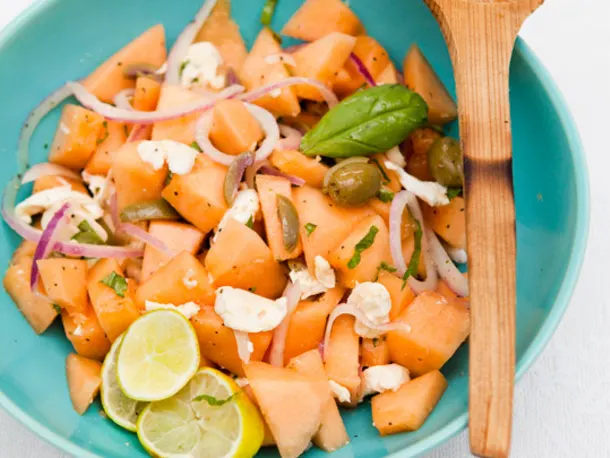 Cantaloupe Salad with Basil, Fresh Mozzarella & Onions
