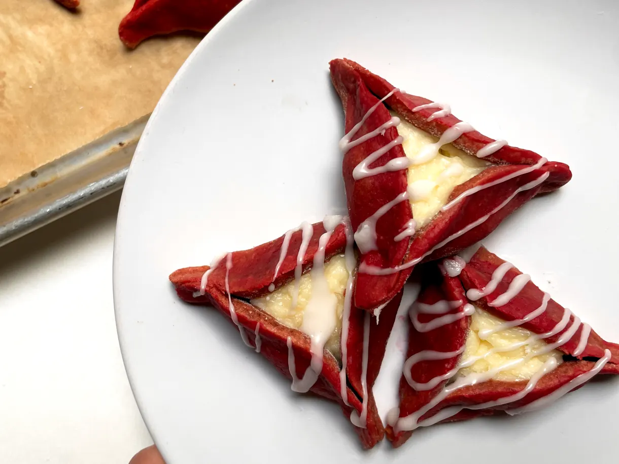 Red Velvet Hamantaschen with Cream Cheese Filling