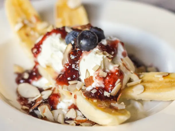 Breakfast Banana Split with Yogurt and Jam
