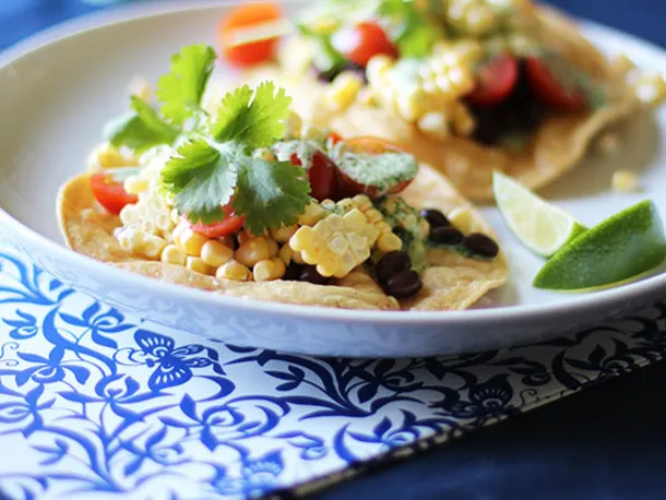 Corn, Tomato & Black Bean Tostadas with Creamy Cilantro Dressing