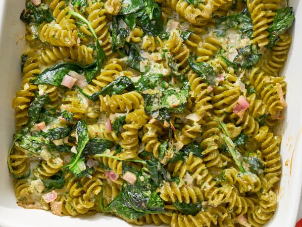 Double Spinach Pasta Casserole with Pesto & Asiago Cheese
