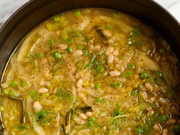 Spring Minestrone with Caramelized Garlic Broth