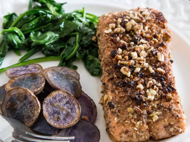 Pecan-Crusted Salmon with Sautéed Greens & Potatoes