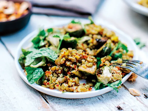 Honey-Roasted Sprouts with Lentil-Quinoa Pilaf