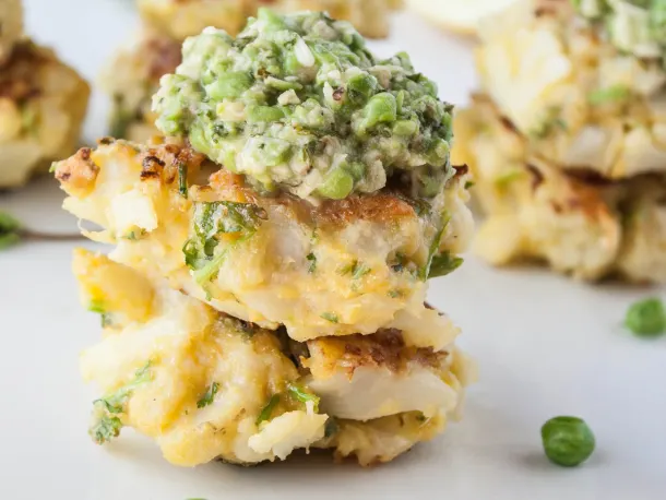 Cauliflower Fritters with Mint & Pea Spread