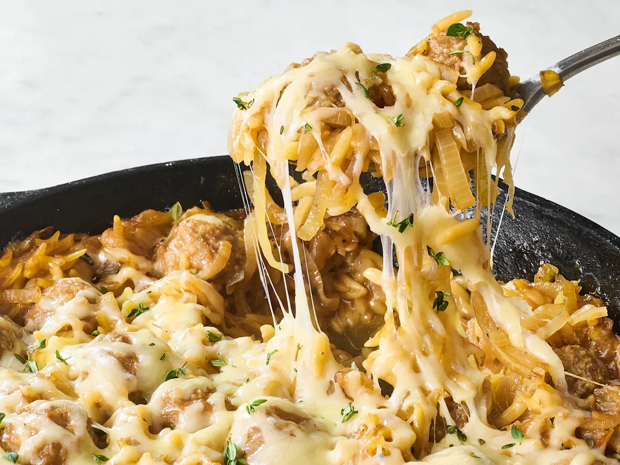 French Onion Meatball and Orzo Skillet