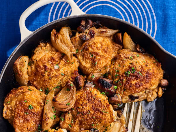 The Ultimate Dinner Party Main: Mustard and Wine-Braised Chicken Thighs with Mushrooms and Shallots