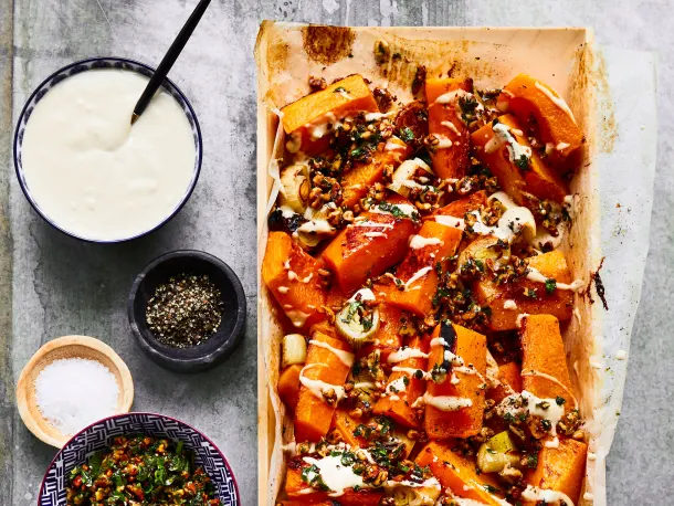Roasted Butternut Squash with Orange Tahini, Walnuts, and Za’atar