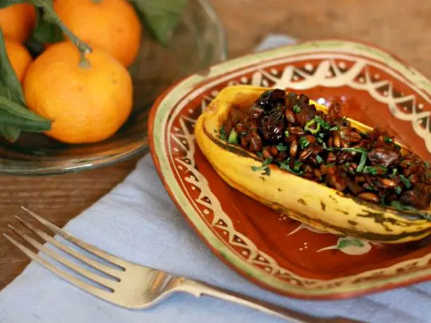 Vegan Thanksgiving Recipe: Delicata Squash Stuffed with Mushrooms, Farro, Pecans & Dried Cranberries